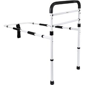 Vaunn Medical Adjustable Bed Assist Rail Handle and Hand Guard Grab Bar, Bedside Safety and Stability (Tool-Free Assembly), White/Black