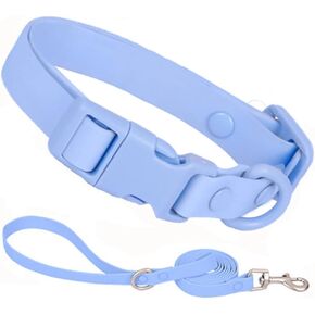 Light Blue Plastic Dog Collar and Leash Set, Silicone Rubber Dog Collar PVC Washable Quick Release Buckle Water Swim Waterproof Dog Collars for Small Medium Large Pet Male Female Dogs, M