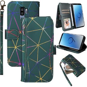 Compatible with Samsung Galaxy S9 Plus Wallet Case with Wrist Strap, 9+ Card Slots Zipper Purse, PU Leather Flip Card Holder Stand Phone Cover for S9+ 9S 9+ S 9 9plus S9plus Women Men Black