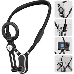 aoub Magnetic Neck Mount for Phone, Neck Cell Phone Holder POV/Vlog Selfie Mount Hand Free Phone Neck Holder Chest Stand Strap Video Recording for GoPro DJI Insta360 iPhone 15 Android, Black