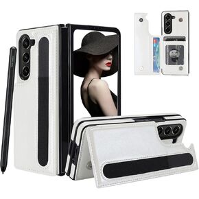 CCSmall for Samsung Galaxy Z Fold5 Wallet Case with S Pen Holder, Double Magnetic Clasp with Kickstand Phone Case Cover with ID Card Slots for Samsung Galaxy Z Fold 5 SKB White