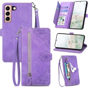 for Galaxy S21 5G Phone Case Wallet,S21 5G Wallet Case for Women,Emboss PU Leather Protective Cover Wrist Strap Zipper Card Holder Flip Phone Case for Samsung Galaxy S21 5G (Purple)