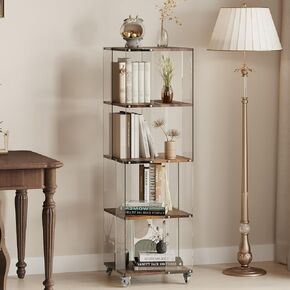 5 Tier Corner Shelf, Open Corner Display Shelf, Corner Bookcase, Freestanding Corner Bookshelf with Acrylic and Wood, Tall Corner Plant Stand, Multipurpose Storage Book Case for Small Space