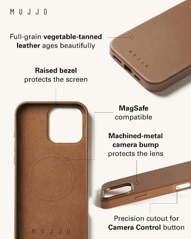 Mujjo Leather Phone Case - Fits iPhone 16 Pro Max - MagSafe Compatible - Premium European Leather - Enhanced Phone & Camera Lens Protection - Crafted with Recycled Material - Slim Profile Tan in Saudi Arabia