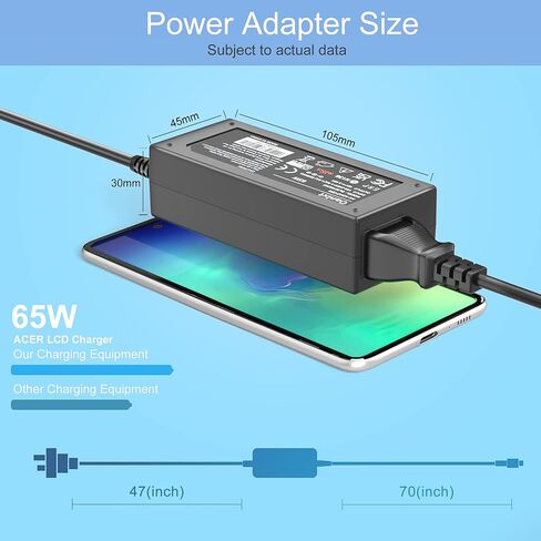 شاحن محول تيار متردد 19 فولت 65 وات لشاشة Acer LCD S201HL S202HL S211HL S220HQL S230HL S240HL S242HL G226HQL G236HL G246HL H226HQL H236HL SA230، Aspire E15 N15Q1 N16Q2 E5 R3 شاحن كمبيوتر محمول in Kuwait