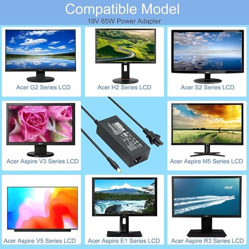 شاحن محول تيار متردد 19 فولت 65 وات لشاشة Acer LCD S201HL S202HL S211HL S220HQL S230HL S240HL S242HL G226HQL G236HL G246HL H226HQL H236HL SA230، Aspire E15 N15Q1 N16Q2 E5 R3 شاحن كمبيوتر محمول in Kuwait