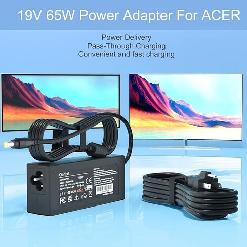 شاحن محول تيار متردد 19 فولت 65 وات لشاشة Acer LCD S201HL S202HL S211HL S220HQL S230HL S240HL S242HL G226HQL G236HL G246HL H226HQL H236HL SA230، Aspire E15 N15Q1 N16Q2 E5 R3 شاحن كمبيوتر محمول in Kuwait