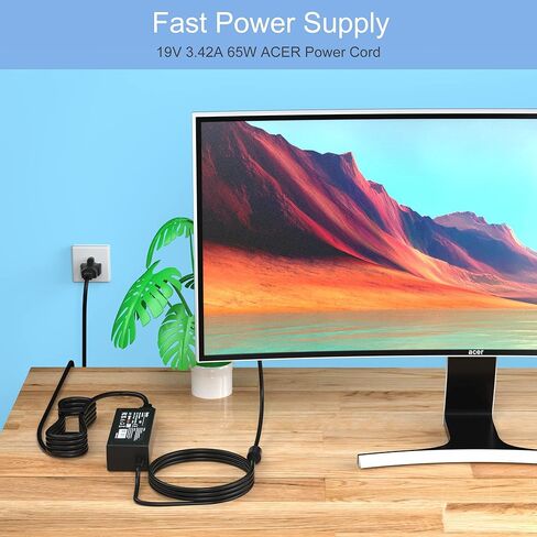 شاحن محول تيار متردد 19 فولت 65 وات لشاشة Acer LCD S201HL S202HL S211HL S220HQL S230HL S240HL S242HL G226HQL G236HL G246HL H226HQL H236HL SA230، Aspire E15 N15Q1 N16Q2 E5 R3 شاحن كمبيوتر محمول in Kuwait