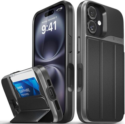 VENA vCommute for iPhone 16 Wallet Case, [Military Grade Drop Protection] Flip Leather Cover Slot Card Holder with Kickstand - Black in Saudi Arabia