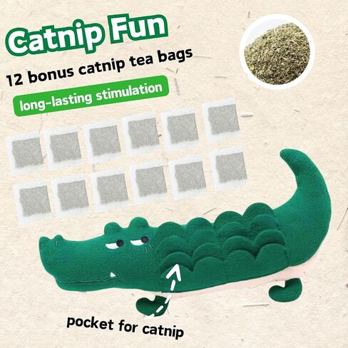 Refillable Plush Catnip Cat Toy, Alligator Cat Treat Toy, Crinkle Cat Kicker Cuddle Pillow Toy for Indoor Cats, Cat Enrichment Toy with 12 Natural Catnip Bags and Silvervine Stick in Kuwait