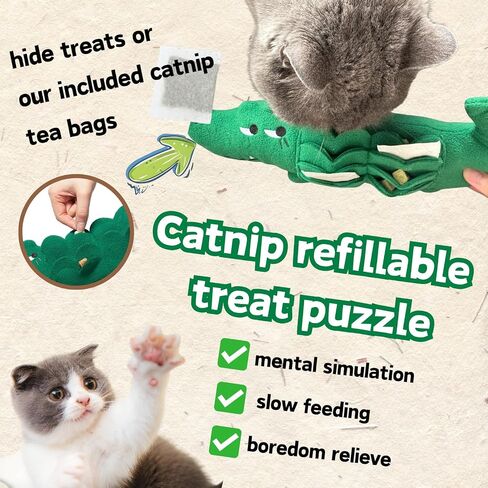 Refillable Plush Catnip Cat Toy, Alligator Cat Treat Toy, Crinkle Cat Kicker Cuddle Pillow Toy for Indoor Cats, Cat Enrichment Toy with 12 Natural Catnip Bags and Silvervine Stick in Kuwait