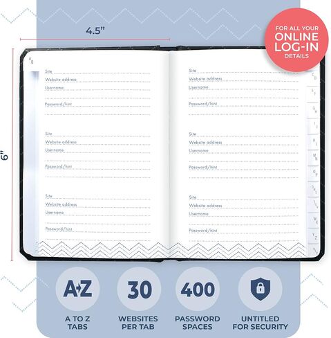 Boxclever اضغط على كتاب كلمة المرور مع علامات التبويب الأبجدية. كتاب حارس كلمة المرور سهل الاستخدام لجميع التفاصيل الخاصة بك على الإنترنت. دفتر كلمة مرور بدون عنوان صغير للمنزل أو المكتب - 6 × 4.5 بوصة in Kuwait