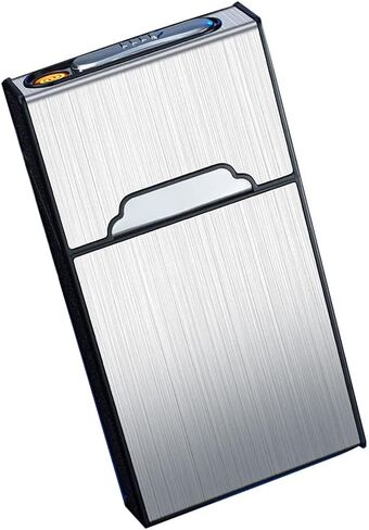 Cigarette Case with Lighter Cigarettes Box Portable 20pcs 100's Slim Cigarettes USB Lighters 2 in 1 Rechargeable Flameless Windproof Electric Lighter (Silver) in Saudi Arabia