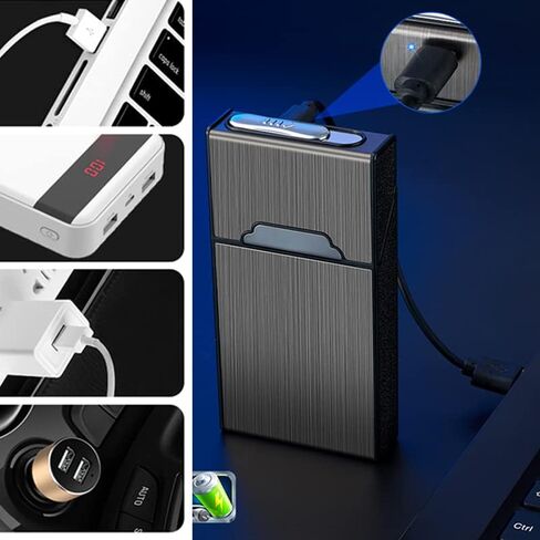 Cigarette Case with Lighter Cigarettes Box Portable 20pcs 100's Slim Cigarettes USB Lighters 2 in 1 Rechargeable Flameless Windproof Electric Lighter (Silver) in Saudi Arabia