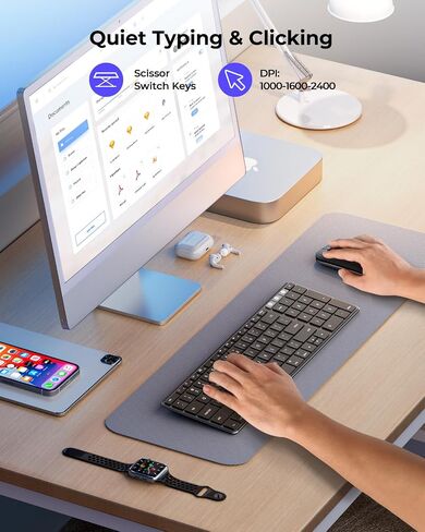 لوحة مفاتيح وماوس بلوتوث لاسلكي لجهاز Mac، لوحة مفاتيح وماوس رفيعة قابلة لإعادة الشحن متعددة الأجهزة من الفولاذ المقاوم للصدأ بالحجم الكامل، متوافق مع MacBook Pro/Air، iPad، iMac - زر توصيل رمادي in Kuwait