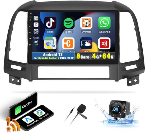 UNITOPSCI 4G+64G 8 Core Android 13 راديو ستيريو للسيارة Hyundai Santa Fe 2006-2012 CarPlay Android Auto Bluetooth 5.0 DSP 32 EQ GPS Navigation 9 "شاشة لمس مرآة Link WiFi/FM/RDS/SWC كاميرا احتياطية in Saudi Arabia