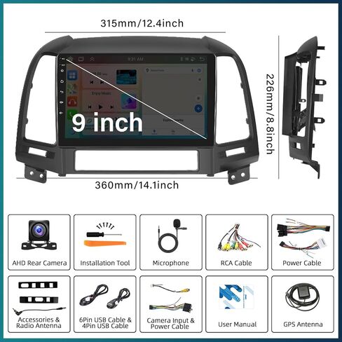 UNITOPSCI 4G+64G 8 Core Android 13 راديو ستيريو للسيارة Hyundai Santa Fe 2006-2012 CarPlay Android Auto Bluetooth 5.0 DSP 32 EQ GPS Navigation 9 "شاشة لمس مرآة Link WiFi/FM/RDS/SWC كاميرا احتياطية in Saudi Arabia