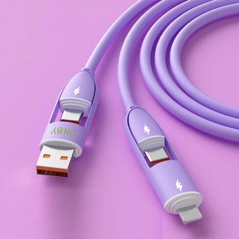 كابل شاحن متعدد الوصلات 4 في 1 USB A/Type C إلى USB Type C/L 8Pin سلك شحن سريع مرن ومتين من مادة TPE السائلة الناعمة متوافق مع جميع الهواتف المحمولة تقريبًا - 1.2 متر أرجواني in Saudi Arabia