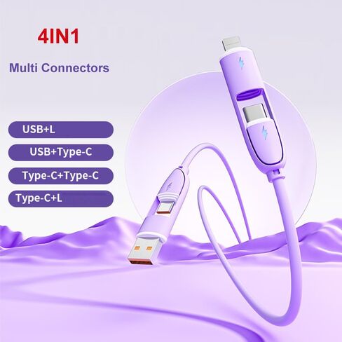 كابل شاحن متعدد الوصلات 4 في 1 USB A/Type C إلى USB Type C/L 8Pin سلك شحن سريع مرن ومتين من مادة TPE السائلة الناعمة متوافق مع جميع الهواتف المحمولة تقريبًا - 1.2 متر أرجواني in Saudi Arabia