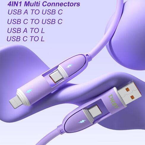 كابل شاحن متعدد الوصلات 4 في 1 USB A/Type C إلى USB Type C/L 8Pin سلك شحن سريع مرن ومتين من مادة TPE السائلة الناعمة متوافق مع جميع الهواتف المحمولة تقريبًا - 1.2 متر أرجواني in Saudi Arabia