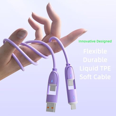 كابل شاحن متعدد الوصلات 4 في 1 USB A/Type C إلى USB Type C/L 8Pin سلك شحن سريع مرن ومتين من مادة TPE السائلة الناعمة متوافق مع جميع الهواتف المحمولة تقريبًا - 1.2 متر أرجواني in Saudi Arabia