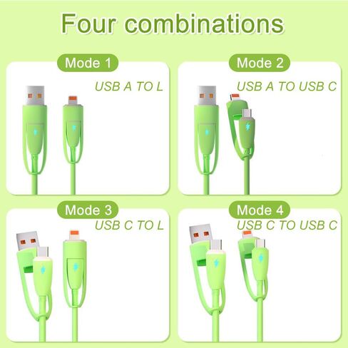 كابل شاحن متعدد الوصلات 4 في 1 USB A/Type C إلى USB Type C/L 8Pin سلك شحن سريع مرن ومتين من مادة TPE السائلة الناعمة متوافق مع جميع الهواتف المحمولة تقريبًا - 1.2 متر أرجواني in Saudi Arabia