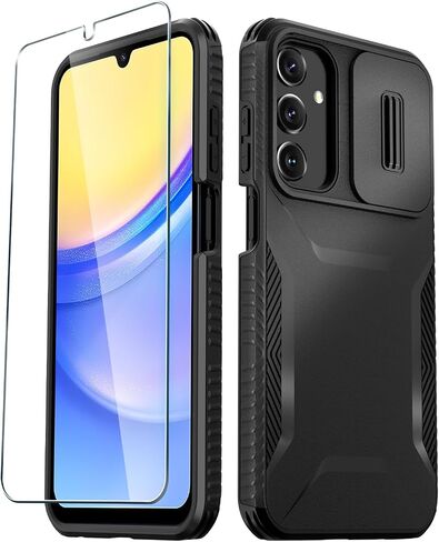 LATVIN for Samsung Galaxy A15 5G Case with 1 Screen Protector, Built-in Slide Camera Cover, Military Grade Drop Protection, Heavy Duty Rugged Shockproof Protective Phone Cover, Black in Saudi Arabia