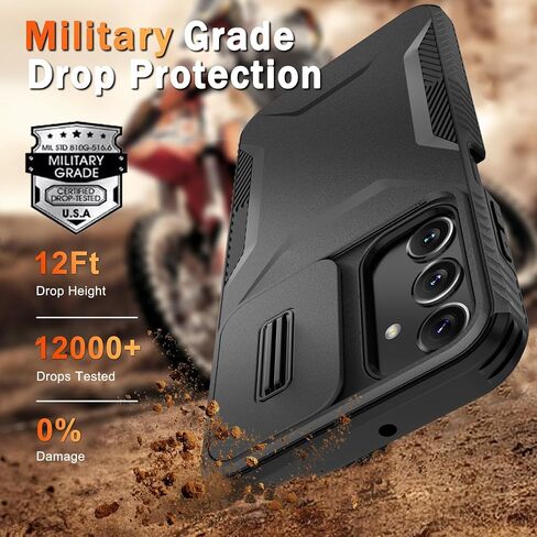 LATVIN for Samsung Galaxy A15 5G Case with 1 Screen Protector, Built-in Slide Camera Cover, Military Grade Drop Protection, Heavy Duty Rugged Shockproof Protective Phone Cover, Black in Saudi Arabia