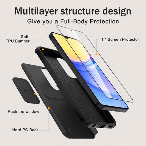 LATVIN for Samsung Galaxy A15 5G Case with 1 Screen Protector, Built-in Slide Camera Cover, Military Grade Drop Protection, Heavy Duty Rugged Shockproof Protective Phone Cover, Black in Saudi Arabia
