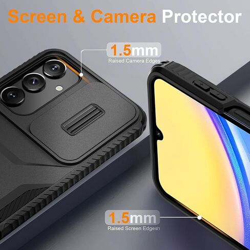 LATVIN for Samsung Galaxy A15 5G Case with 1 Screen Protector, Built-in Slide Camera Cover, Military Grade Drop Protection, Heavy Duty Rugged Shockproof Protective Phone Cover, Black in Saudi Arabia