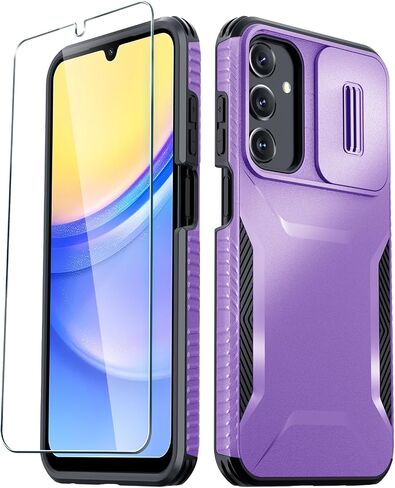 LATVIN for Samsung Galaxy A15 5G Case with 1 Screen Protector, Built-in Slide Camera Cover, Military Grade Drop Protection, Heavy Duty Rugged Shockproof Protective Phone Cover, Black in Saudi Arabia