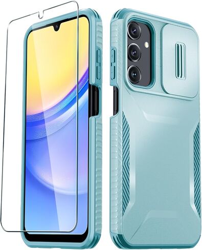 حافظة LATVIN لهاتف Samsung Galaxy A15 5G مع واقي شاشة واحد، غطاء كاميرا منزلق مدمج، حماية من السقوط من الدرجة العسكرية، غطاء هاتف واقٍ متين ومقاوم للصدمات، أسود in Saudi Arabia