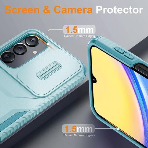 حافظة LATVIN لهاتف Samsung Galaxy A15 5G مع واقي شاشة واحد، غطاء كاميرا منزلق مدمج، حماية من السقوط من الدرجة العسكرية، غطاء هاتف واقٍ متين ومقاوم للصدمات، أسود in Saudi Arabia