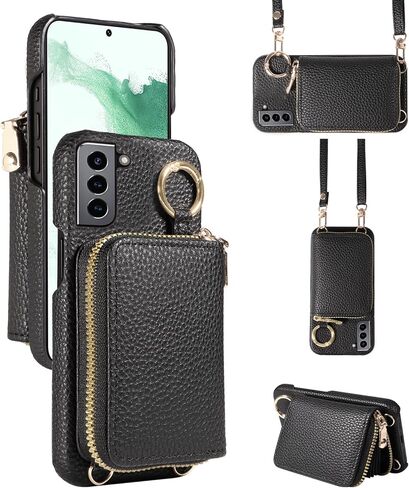 Wallet Case for Samsung Galaxy S22 Plus S22+ 5G with Shoulder Strap Ring Buckle, Zipper Flip Organ Purse, Credit Card Holder Stand Full Body Phone Cover for S22+5G S22plus 22S + S 22 22+ Black in Saudi Arabia