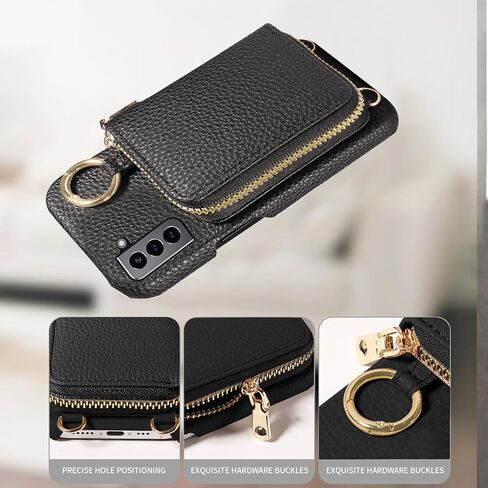 Wallet Case for Samsung Galaxy S22 Plus S22+ 5G with Shoulder Strap Ring Buckle, Zipper Flip Organ Purse, Credit Card Holder Stand Full Body Phone Cover for S22+5G S22plus 22S + S 22 22+ Black in Saudi Arabia