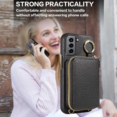 Wallet Case for Samsung Galaxy S22 Plus S22+ 5G with Shoulder Strap Ring Buckle, Zipper Flip Organ Purse, Credit Card Holder Stand Full Body Phone Cover for S22+5G S22plus 22S + S 22 22+ Black in Saudi Arabia