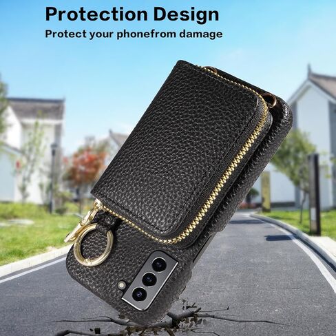 Wallet Case for Samsung Galaxy S22 Plus S22+ 5G with Shoulder Strap Ring Buckle, Zipper Flip Organ Purse, Credit Card Holder Stand Full Body Phone Cover for S22+5G S22plus 22S + S 22 22+ Black in Saudi Arabia