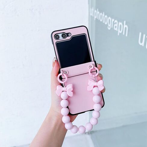 LUVI Compatible with Galaxy Z Flip 6 Case Cute with Chain PU Leather Pearl Bracelet Wristband Strap Hinge Protection Shockproof Cover for Women Girls Pink in Saudi Arabia