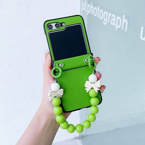 LUVI Compatible with Galaxy Z Flip 6 Case Cute with Chain PU Leather Pearl Bracelet Wristband Strap Hinge Protection Shockproof Cover for Women Girls Pink in Saudi Arabia