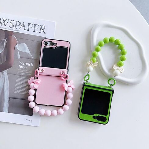 LUVI Compatible with Galaxy Z Flip 6 Case Cute with Chain PU Leather Pearl Bracelet Wristband Strap Hinge Protection Shockproof Cover for Women Girls Pink in Saudi Arabia