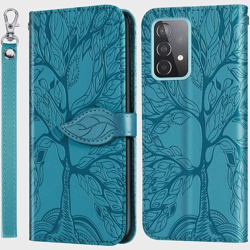MEUPZZK Samsung Galaxy A52 Case, Samsung A52 5G / A52 4G / A52s 5G Wallet Case, Embossed Tree Premium PU Leather [Kickstand] [Card Slots] [Wrist Strap] [6.5 inch] Phone Cover for Samsung A52 (R-Blue) in Saudi Arabia