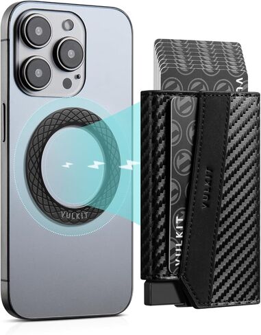VULKIT Magnetic Pop-Up Wallet for Max. 8 Cards, Phone Card Holder Wallet Compatible with iPhone 12 Serie or Higher, Includes Magnetic Ring, Packed in Gift Box, Ideal for Men's Gift, Black in Kuwait