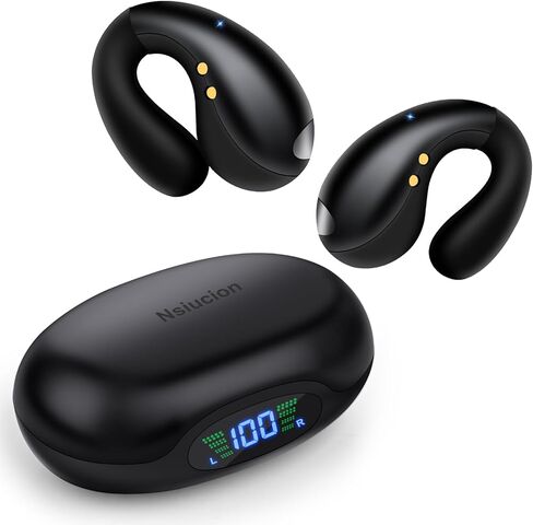 Open Ear Clip on Earbuds, Wireless Bluetooth Headphones, Digital Display Charging Case, Long Playtime, Comfortable Wear Earphones for Sports, Designed for Adults and Kids (Black) in Saudi Arabia
