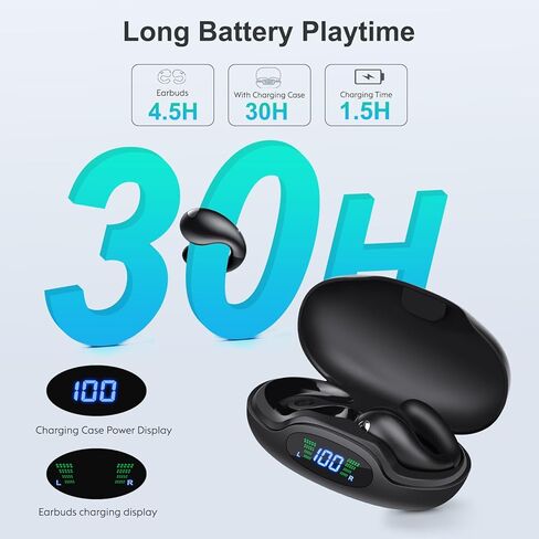 Open Ear Clip on Earbuds, Wireless Bluetooth Headphones, Digital Display Charging Case, Long Playtime, Comfortable Wear Earphones for Sports, Designed for Adults and Kids (Black) in Saudi Arabia