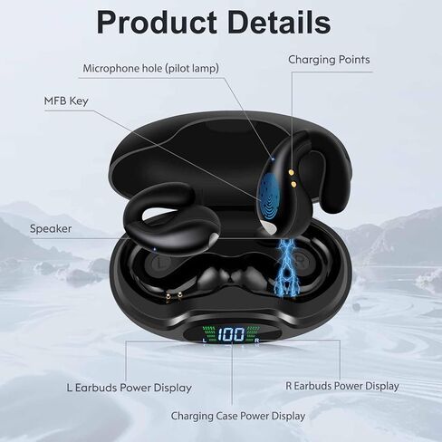 Open Ear Clip on Earbuds, Wireless Bluetooth Headphones, Digital Display Charging Case, Long Playtime, Comfortable Wear Earphones for Sports, Designed for Adults and Kids (Black) in Saudi Arabia