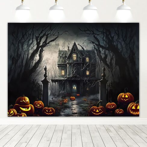 Mocsicka Halloween Photography Backdrop Horrible Graveyard Castle Full Moon Night Background Pumpkin Lantern Iron Gate Gloomy Woods Spooky Halloween Party Decorations Photo Booth Props (7x5ft) in Saudi Arabia