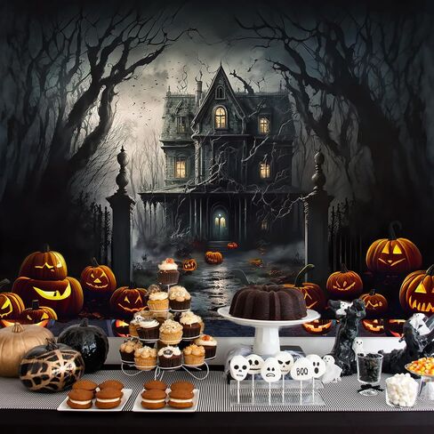 Mocsicka Halloween Photography Backdrop Horrible Graveyard Castle Full Moon Night Background Pumpkin Lantern Iron Gate Gloomy Woods Spooky Halloween Party Decorations Photo Booth Props (7x5ft) in Saudi Arabia