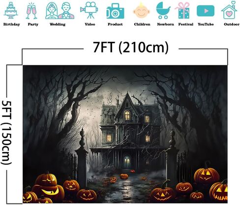 Mocsicka Halloween Photography Backdrop Horrible Graveyard Castle Full Moon Night Background Pumpkin Lantern Iron Gate Gloomy Woods Spooky Halloween Party Decorations Photo Booth Props (7x5ft) in Saudi Arabia