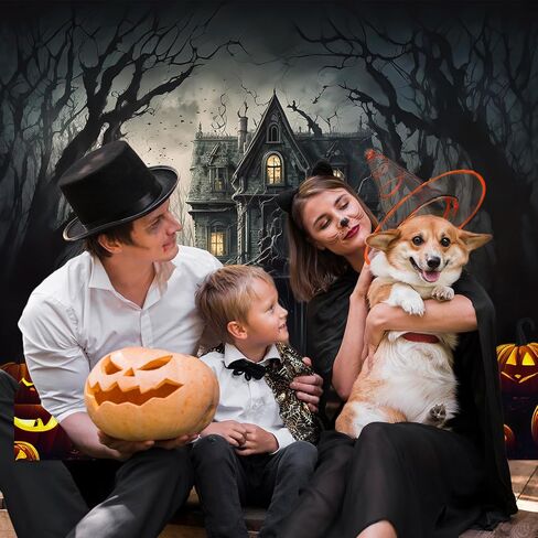 Mocsicka Halloween Photography Backdrop Horrible Graveyard Castle Full Moon Night Background Pumpkin Lantern Iron Gate Gloomy Woods Spooky Halloween Party Decorations Photo Booth Props (7x5ft) in Saudi Arabia