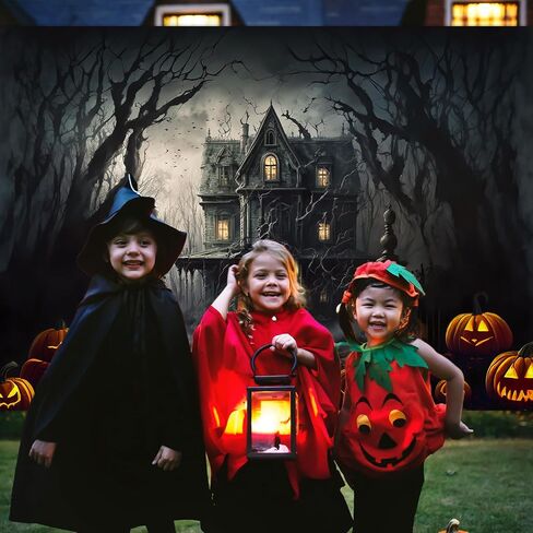 Mocsicka Halloween Photography Backdrop Horrible Graveyard Castle Full Moon Night Background Pumpkin Lantern Iron Gate Gloomy Woods Spooky Halloween Party Decorations Photo Booth Props (7x5ft) in Saudi Arabia